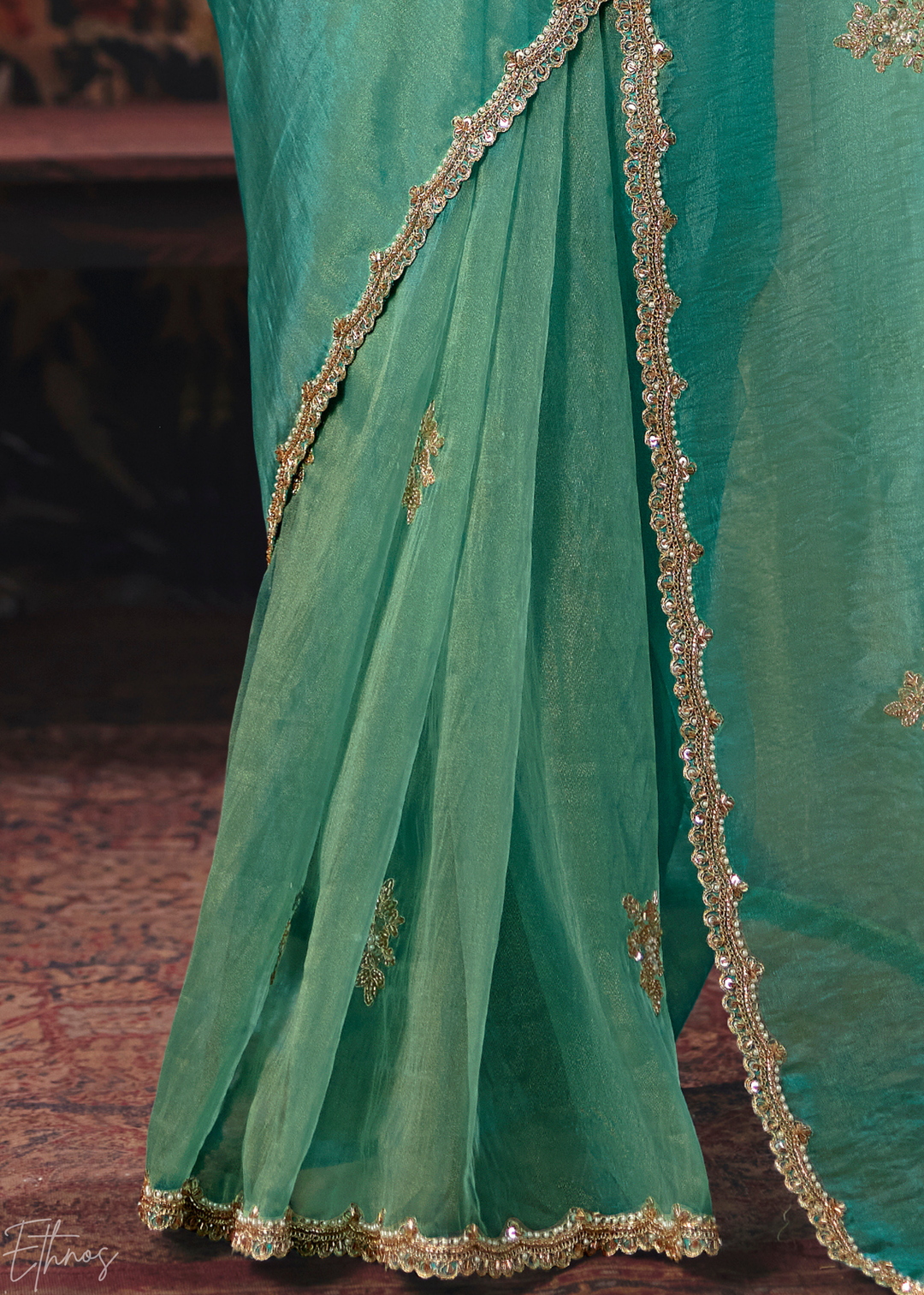 Light Mint Scattered Thread Organza Saree
