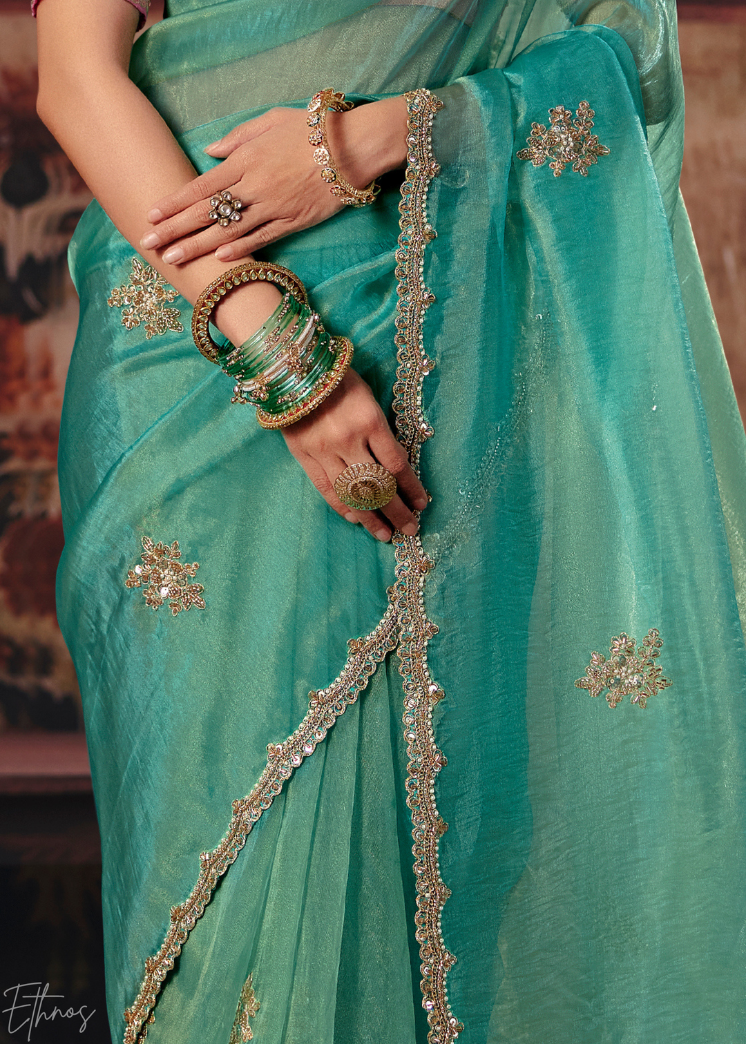 Light Mint Scattered Thread Organza Saree