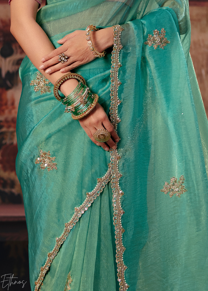 Light Mint Scattered Thread Organza Saree