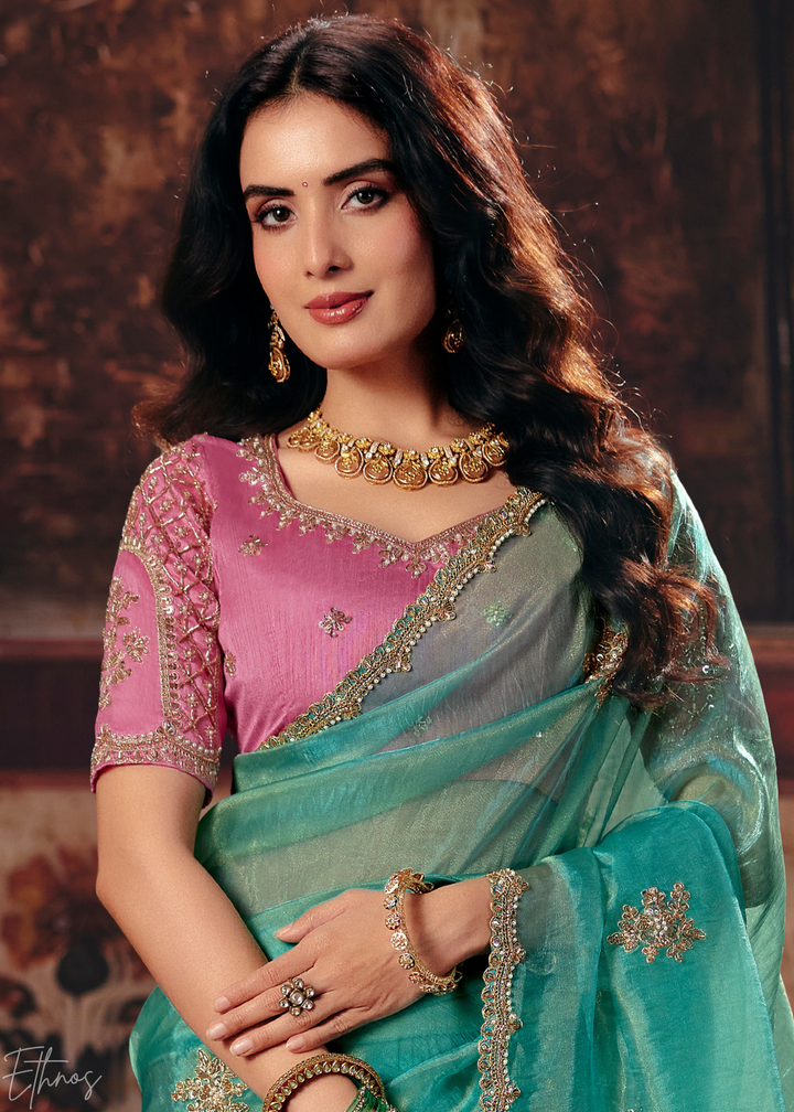 Light Mint Scattered Thread Organza Saree