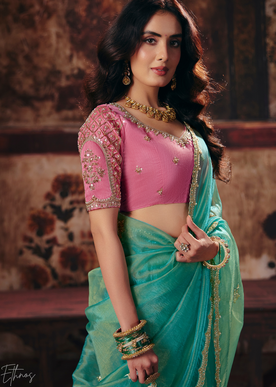 Light Mint Scattered Thread Organza Saree