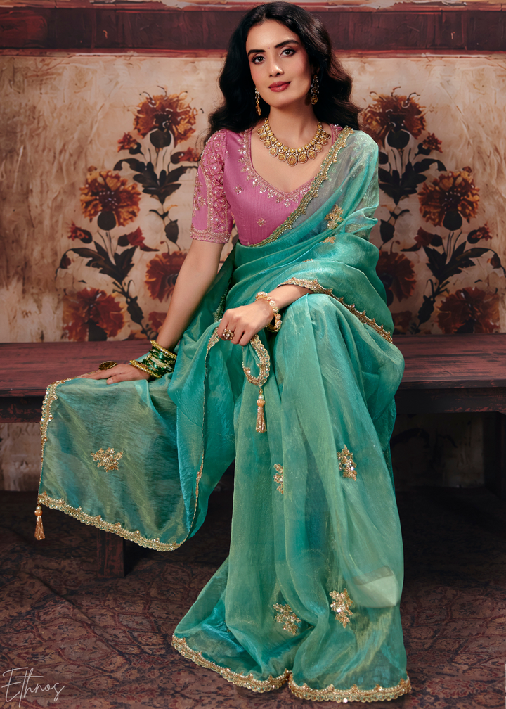 Light Mint Scattered Thread Organza Saree