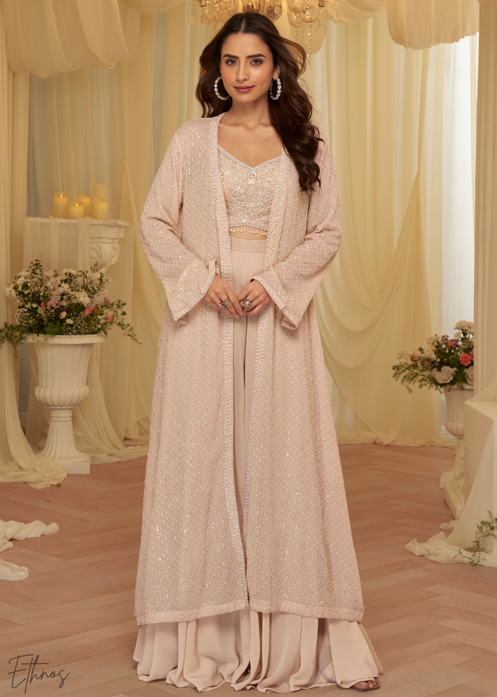 Light Pink Georgette Jacket Croptop Skirt Set