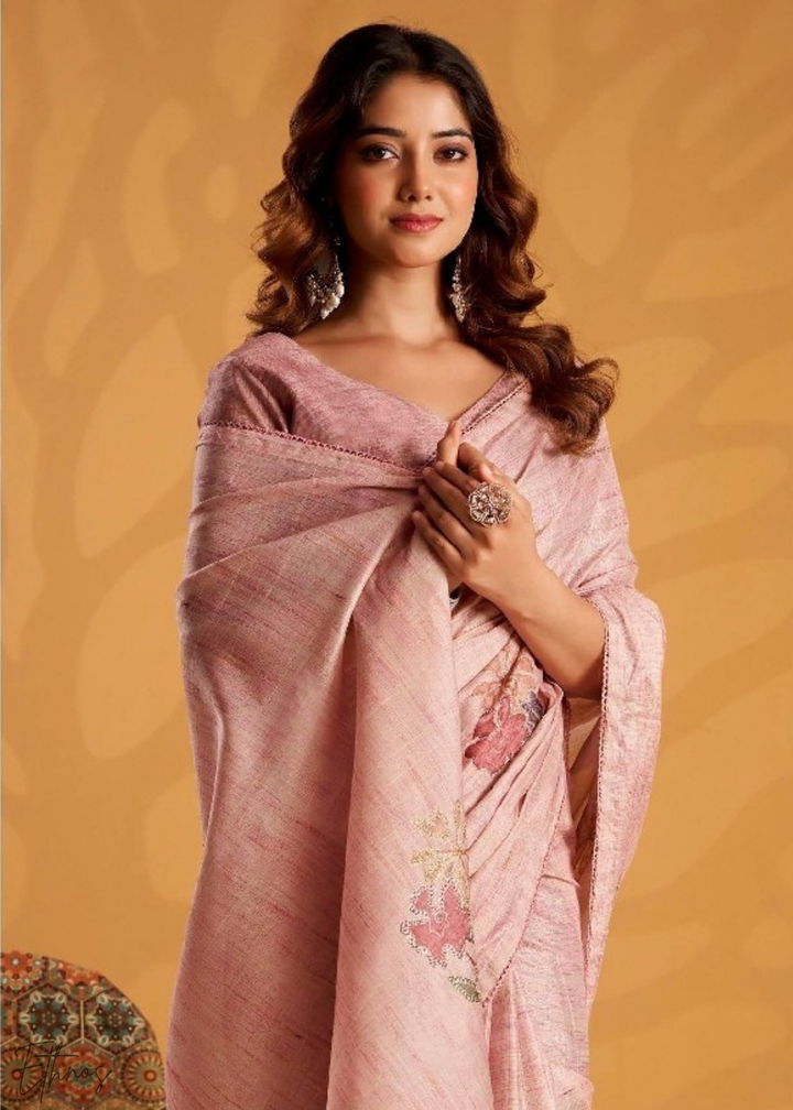 Rose Pink Kasheeda Tusser Silk Saree