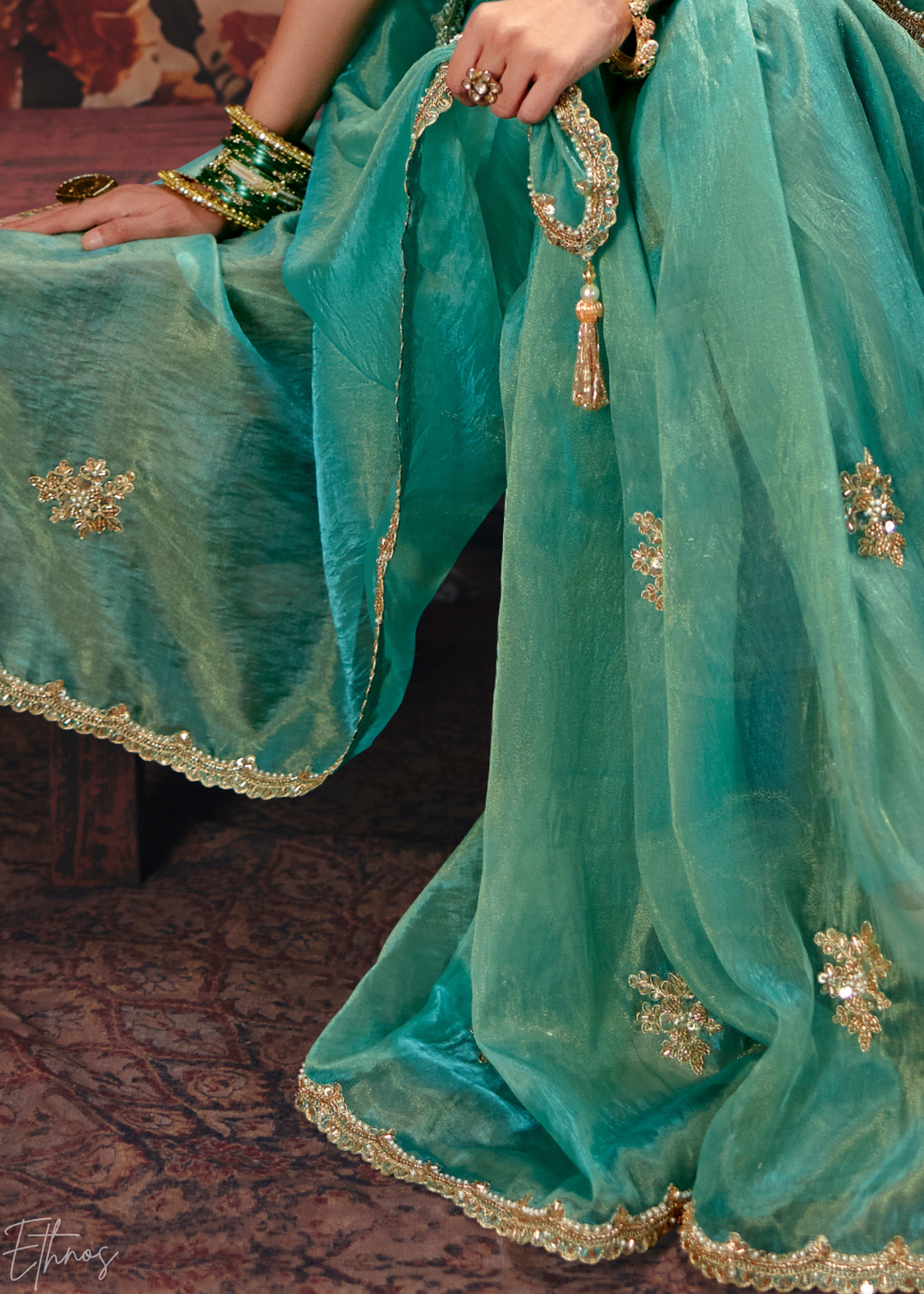 Light Mint Scattered Thread Organza Saree