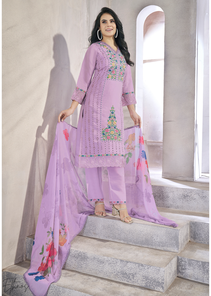 Lilac Embellished Flora Silk Palazzo Suit