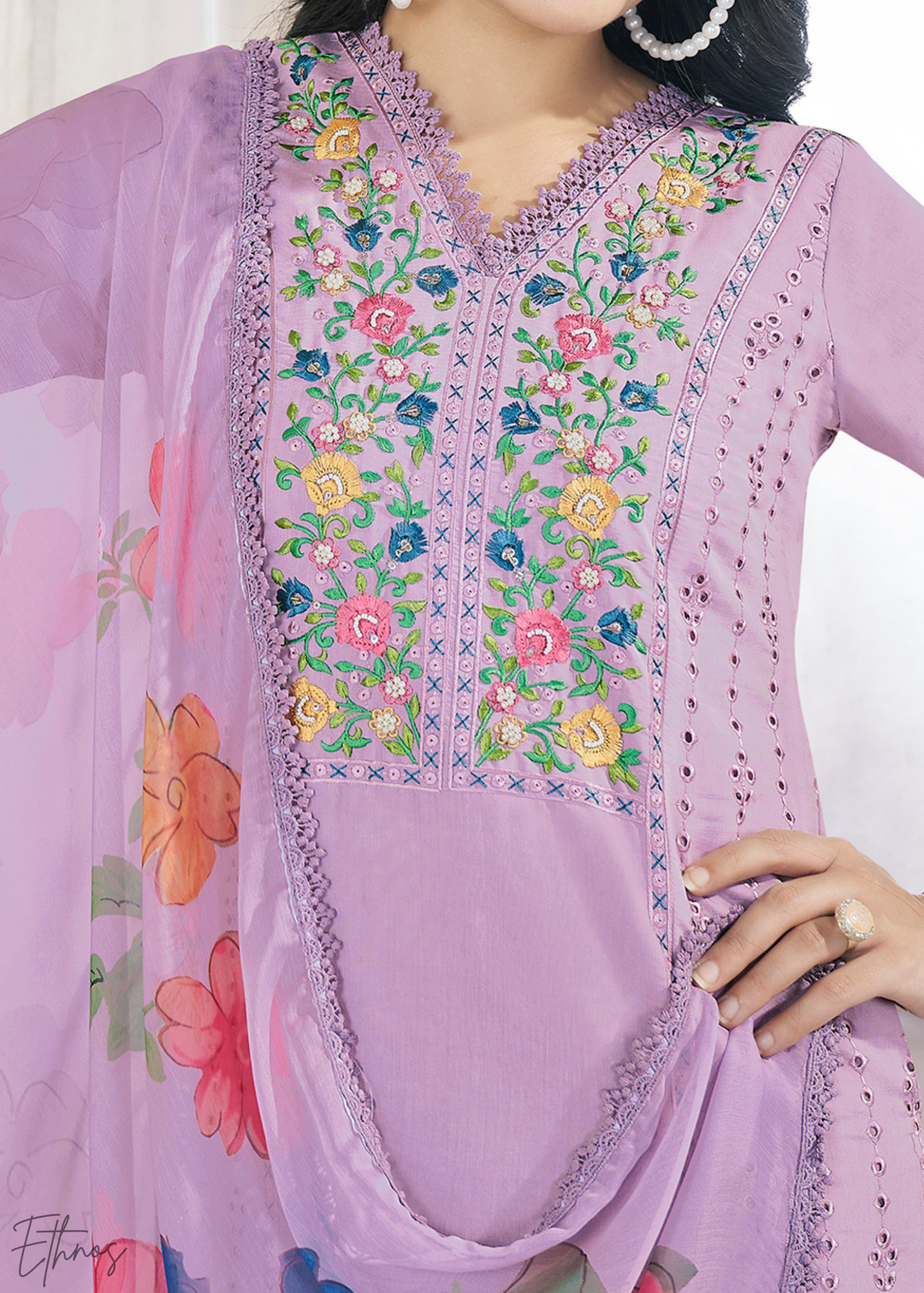 Lilac Embellished Flora Silk Palazzo Suit