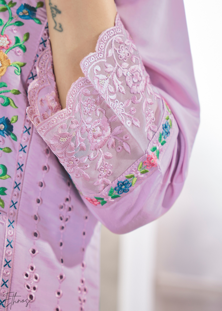 Lilac Embellished Flora Silk Palazzo Suit