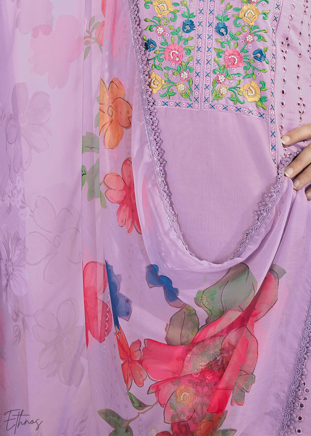 Lilac Embellished Flora Silk Palazzo Suit