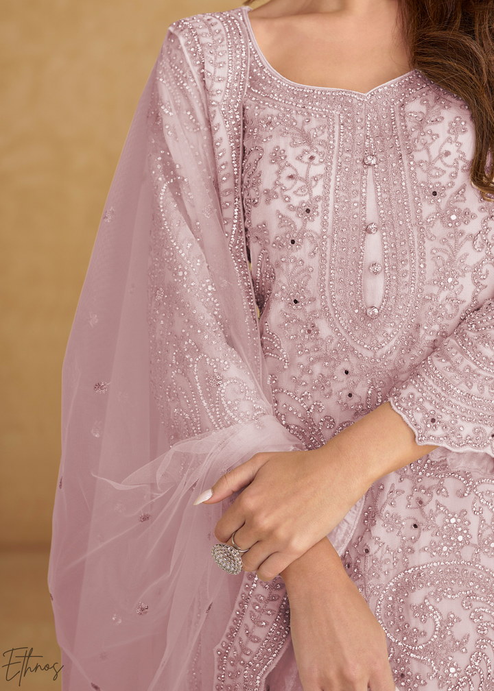 Lavender Embroidered Net Sharara Suit: Top Pick