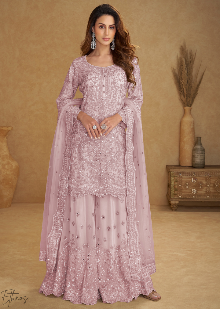 Lavender Embroidered Net Sharara Suit: Top Pick