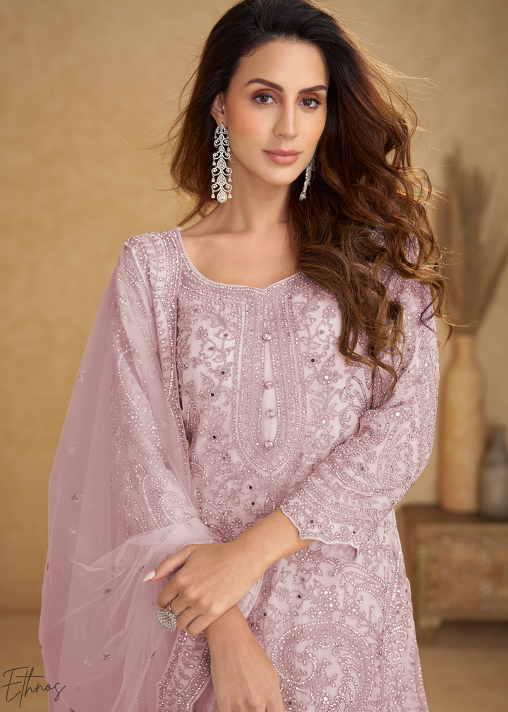 Lavender Embroidered Net Sharara Suit: Top Pick