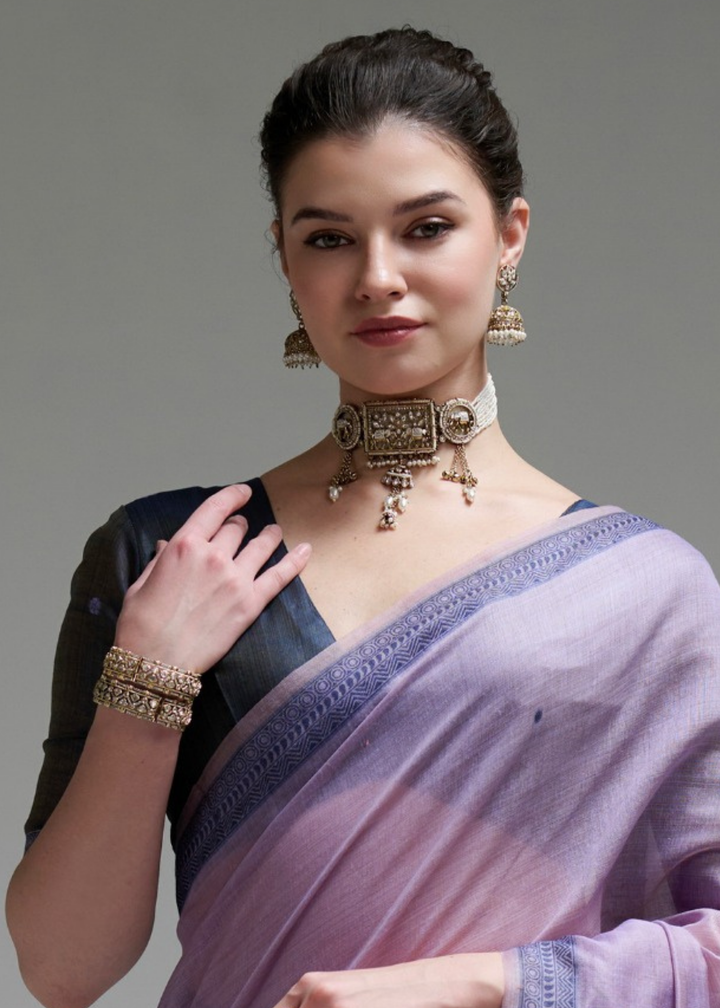 Lilac Purple Geometric Block Printed Cotton Linen Saree