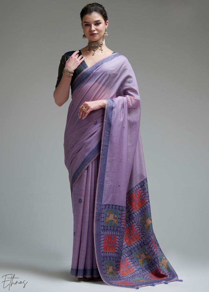 Lilac Purple Geometric Block Printed Cotton Linen Saree