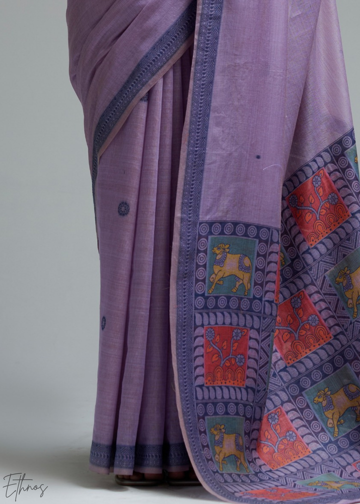 Lilac Purple Geometric Block Printed Cotton Linen Saree