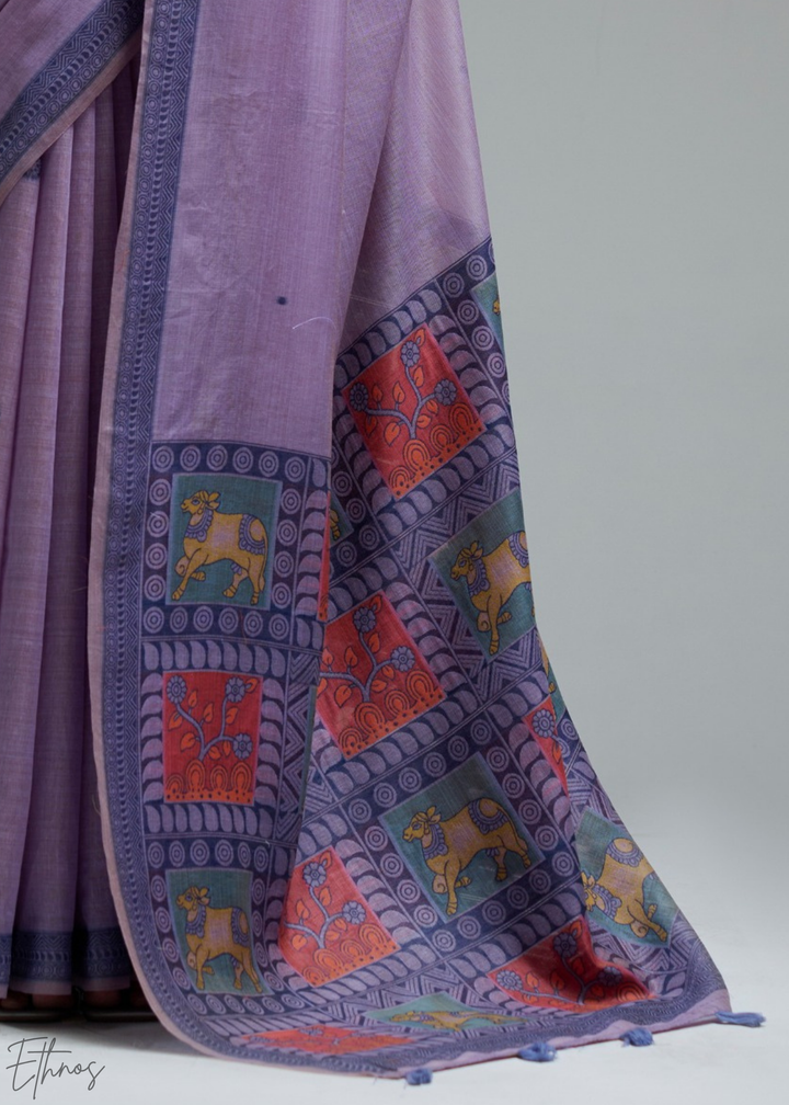 Lilac Purple Geometric Block Printed Cotton Linen Saree
