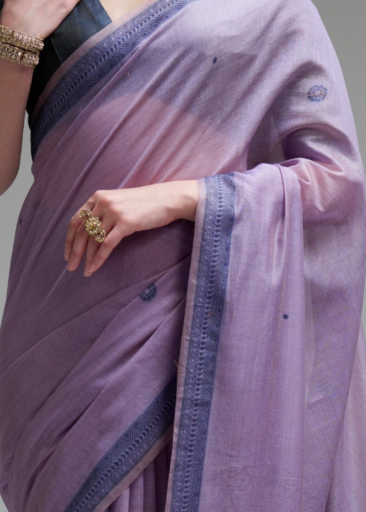 Lilac Purple Geometric Block Printed Cotton Linen Saree