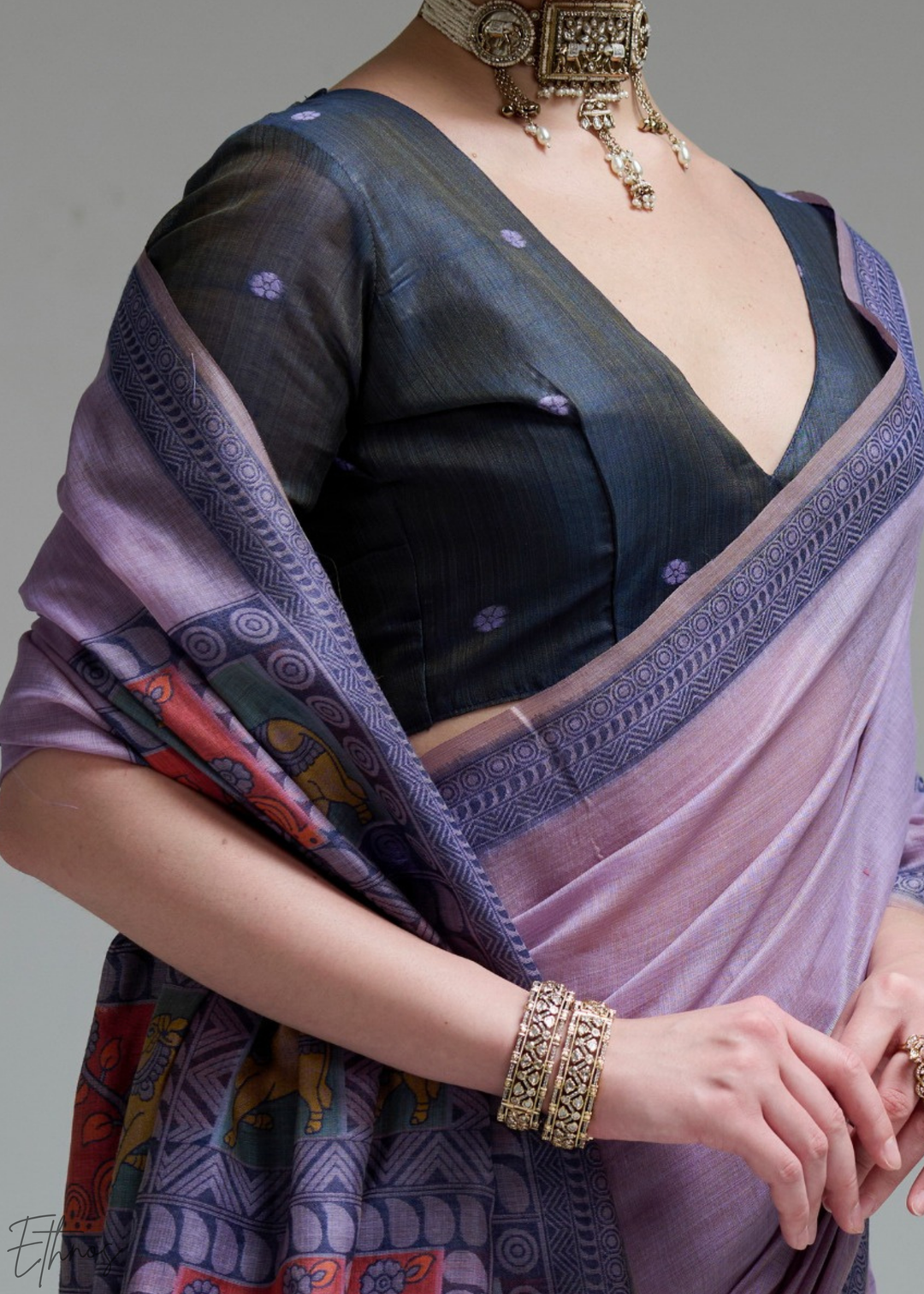 Lilac Purple Geometric Block Printed Cotton Linen Saree