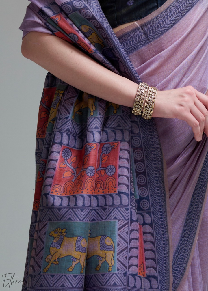 Lilac Purple Geometric Block Printed Cotton Linen Saree
