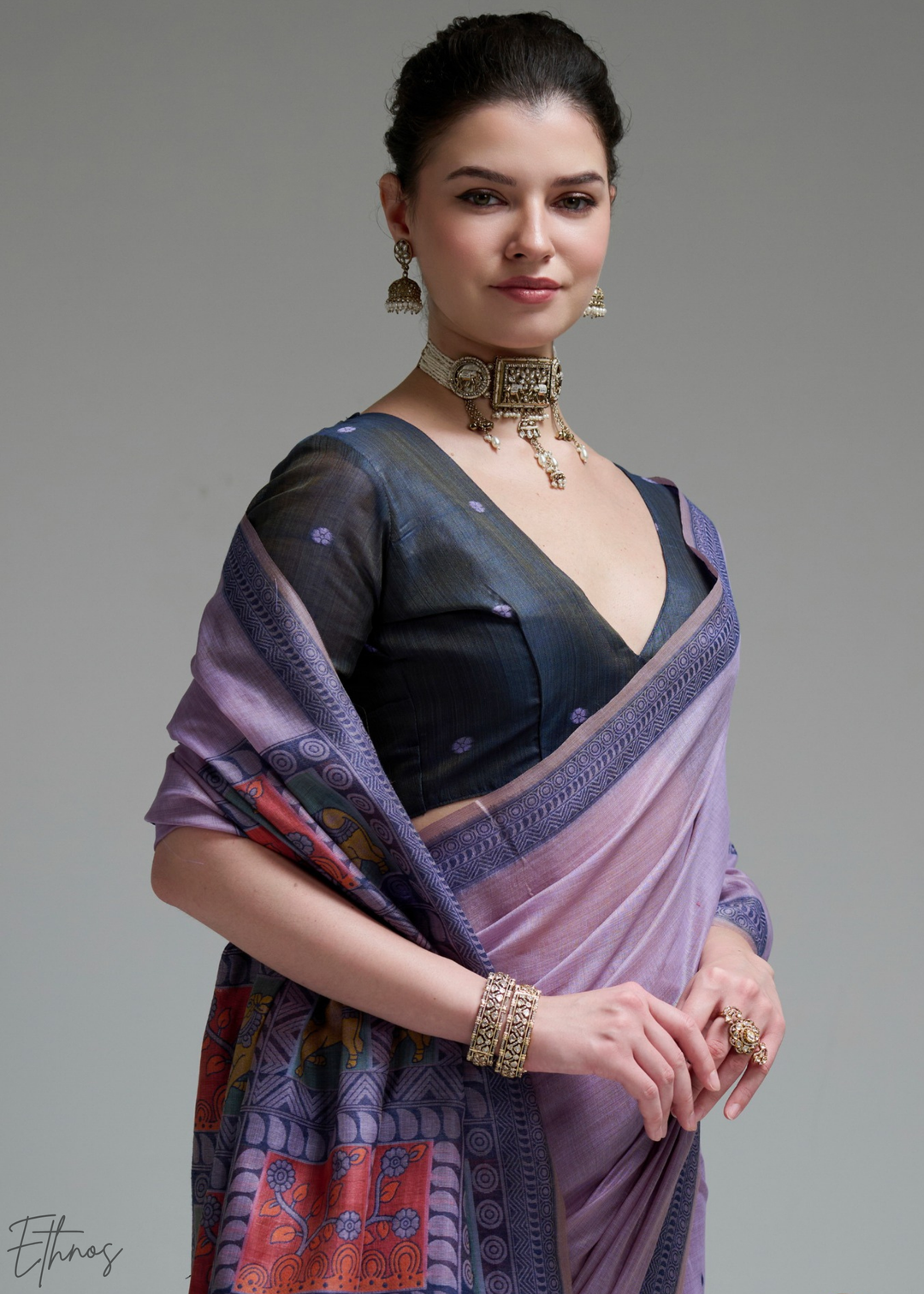 Lilac Purple Geometric Block Printed Cotton Linen Saree