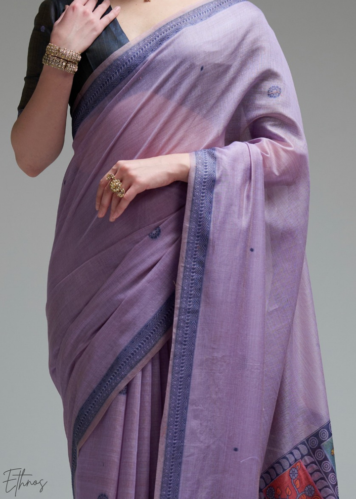 Lilac Purple Geometric Block Printed Cotton Linen Saree