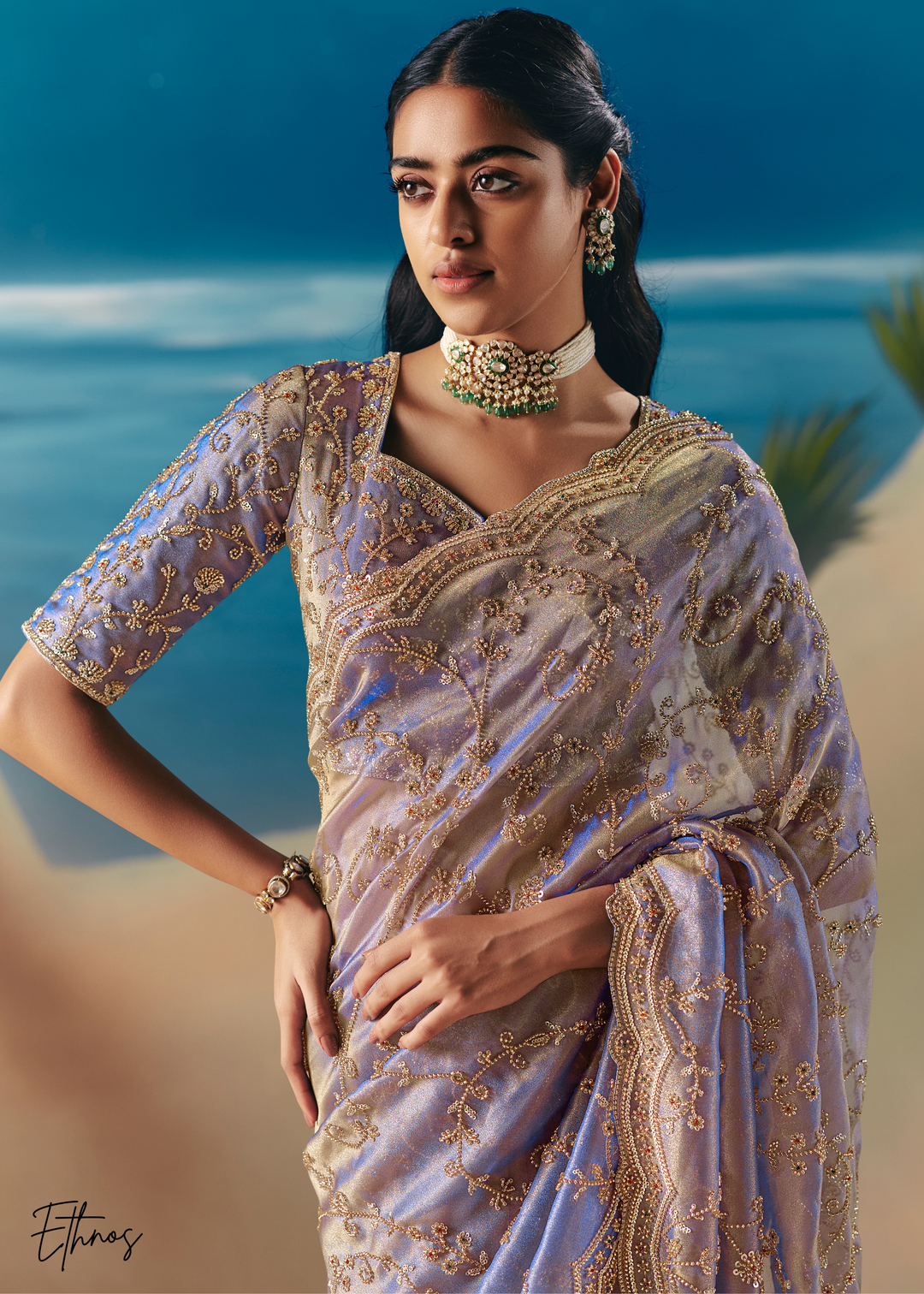 Lilac Sequins Organza Saree