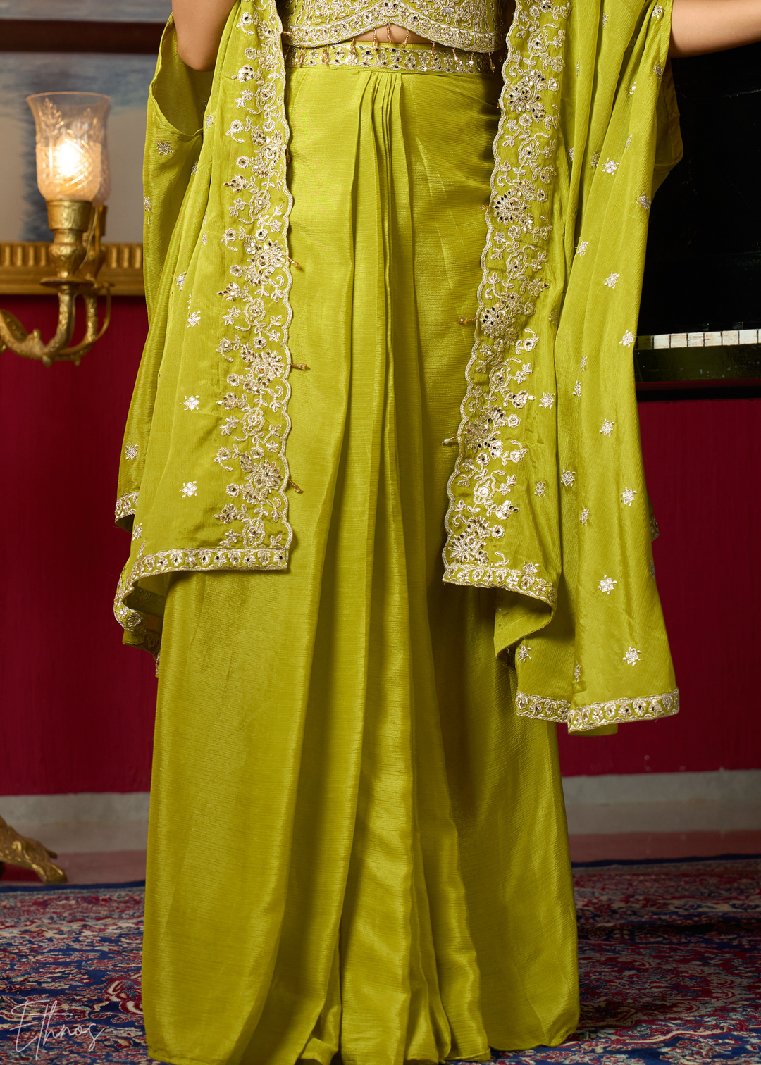 Lime Green Chinon Shrug Choli Skirt Set