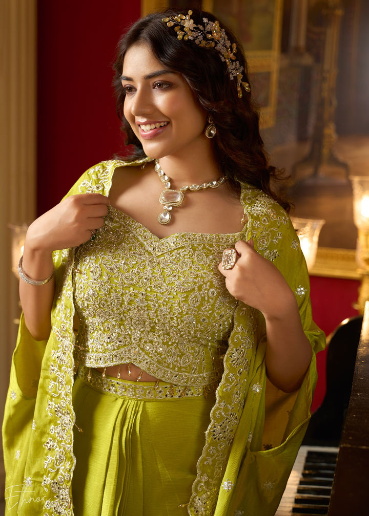 Lime Green Chinon Shrug Choli Skirt Set