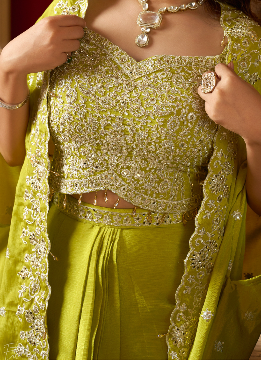 Lime Green Chinon Shrug Choli Skirt Set