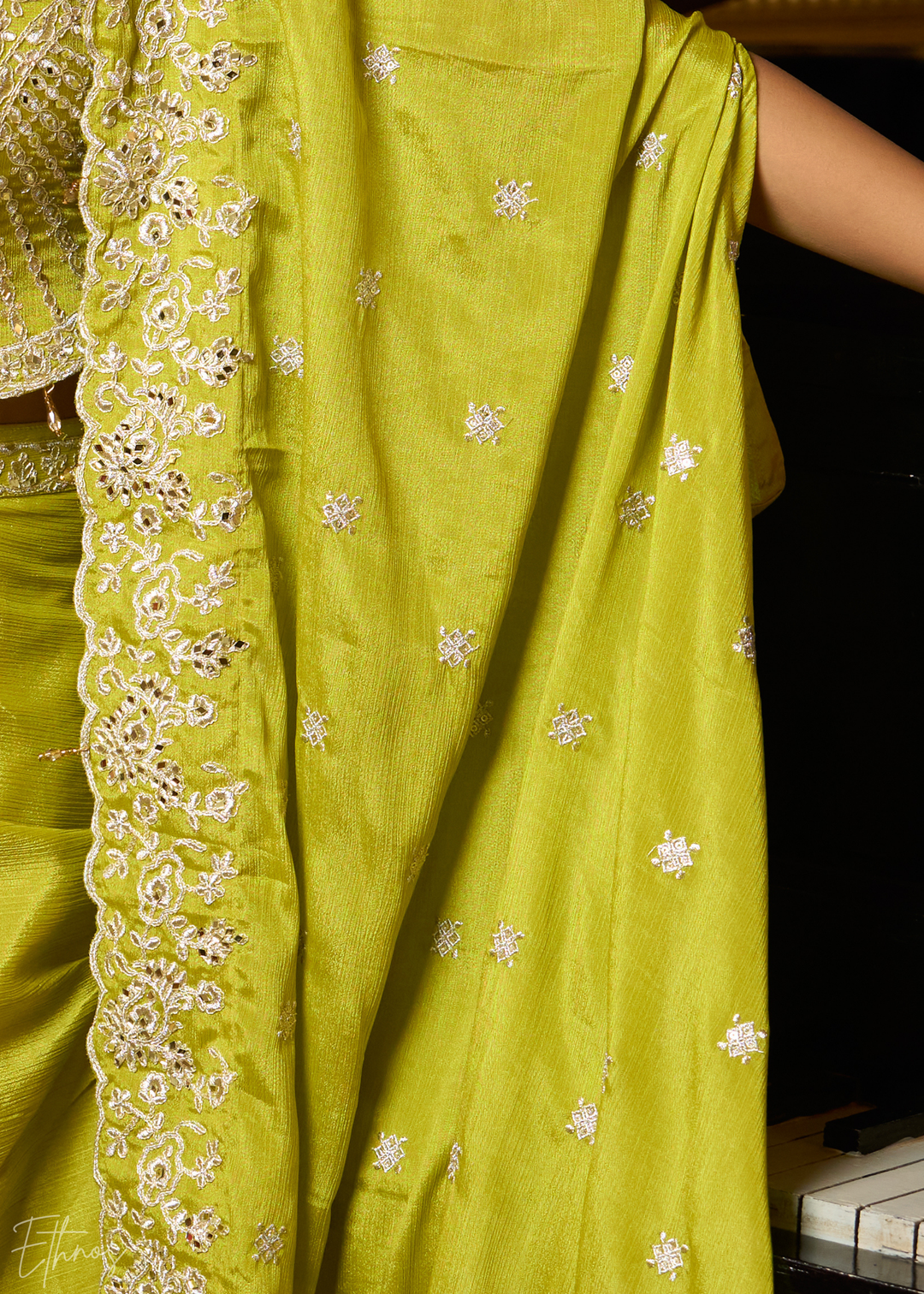 Lime Green Chinon Shrug Choli Skirt Set