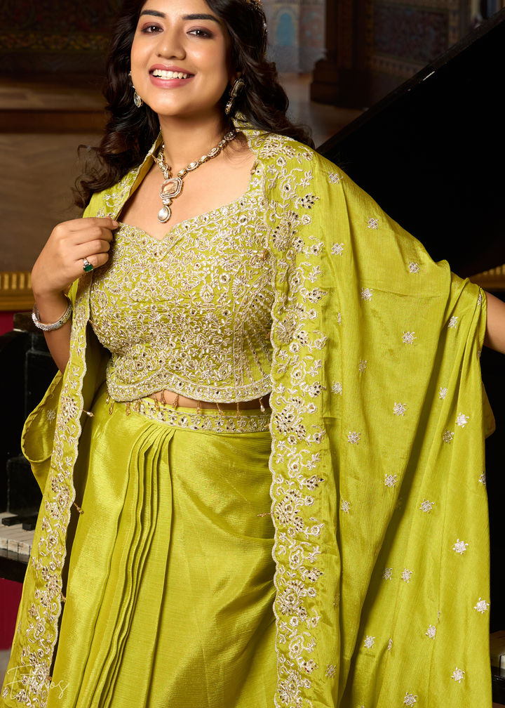 Lime Green Chinon Shrug Choli Skirt Set