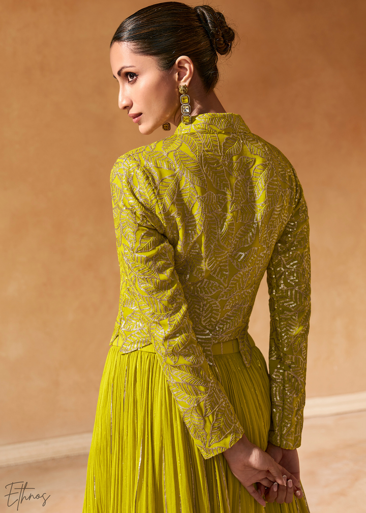 Lime Green Chinon Shrug Skirt Set