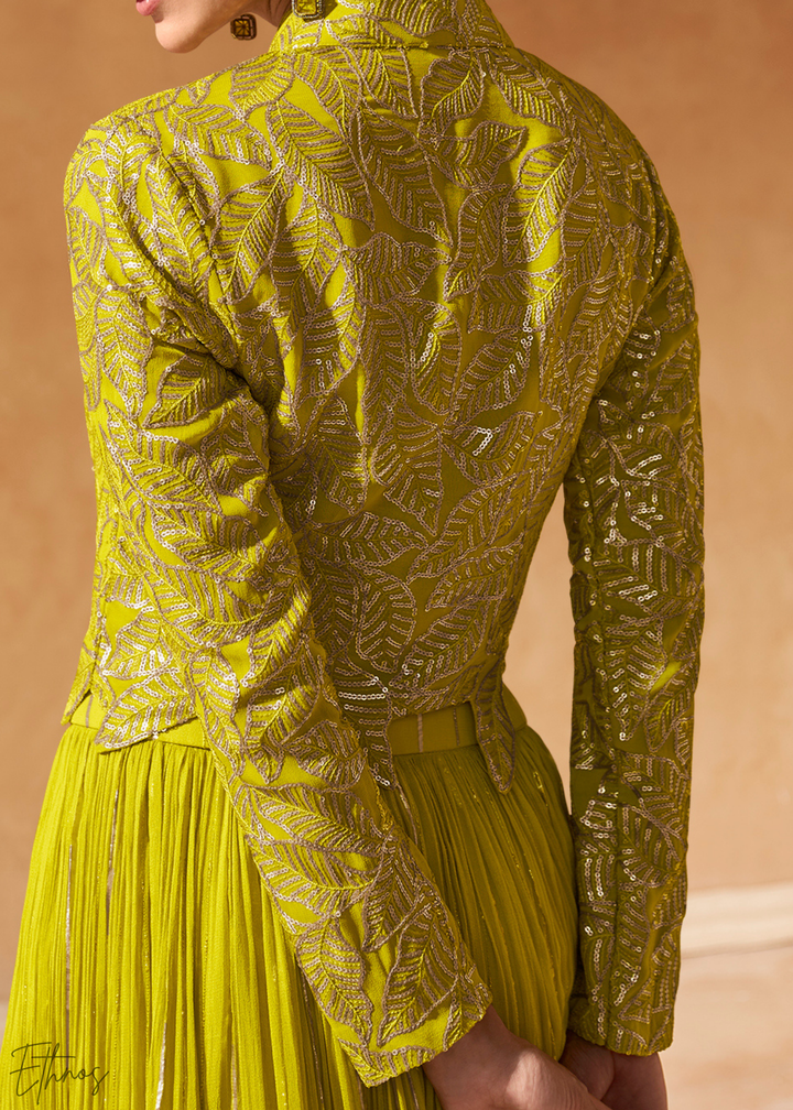 Lime Green Chinon Shrug Skirt Set