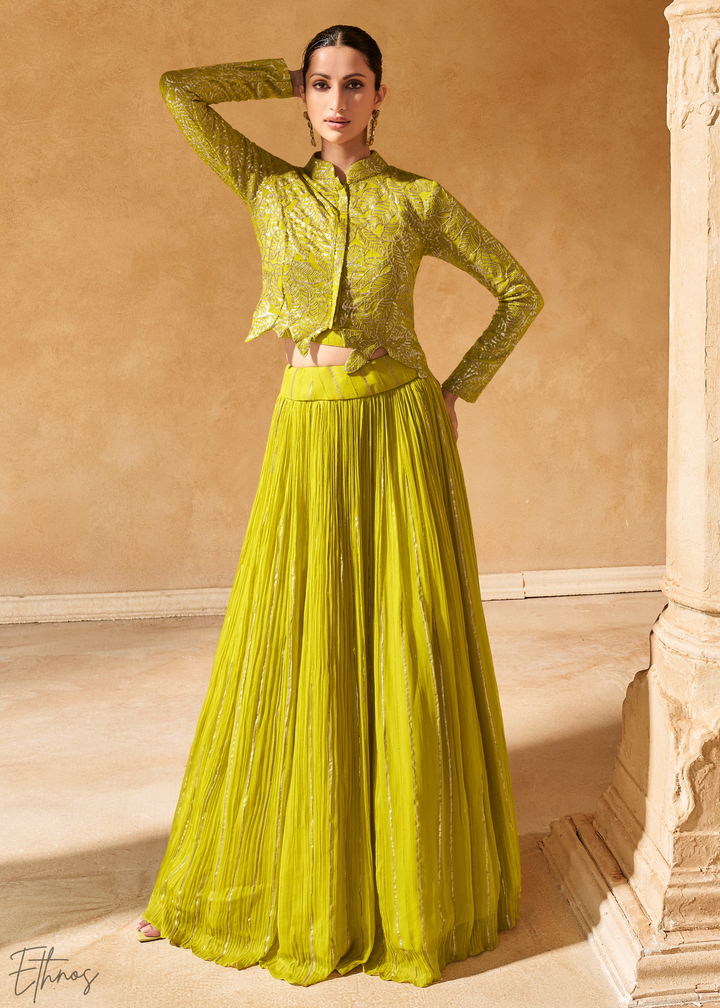 Lime Green Chinon Shrug Skirt Set
