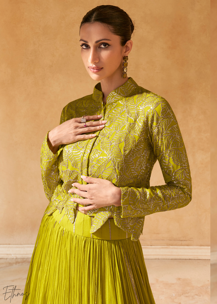 Lime Green Chinon Shrug Skirt Set