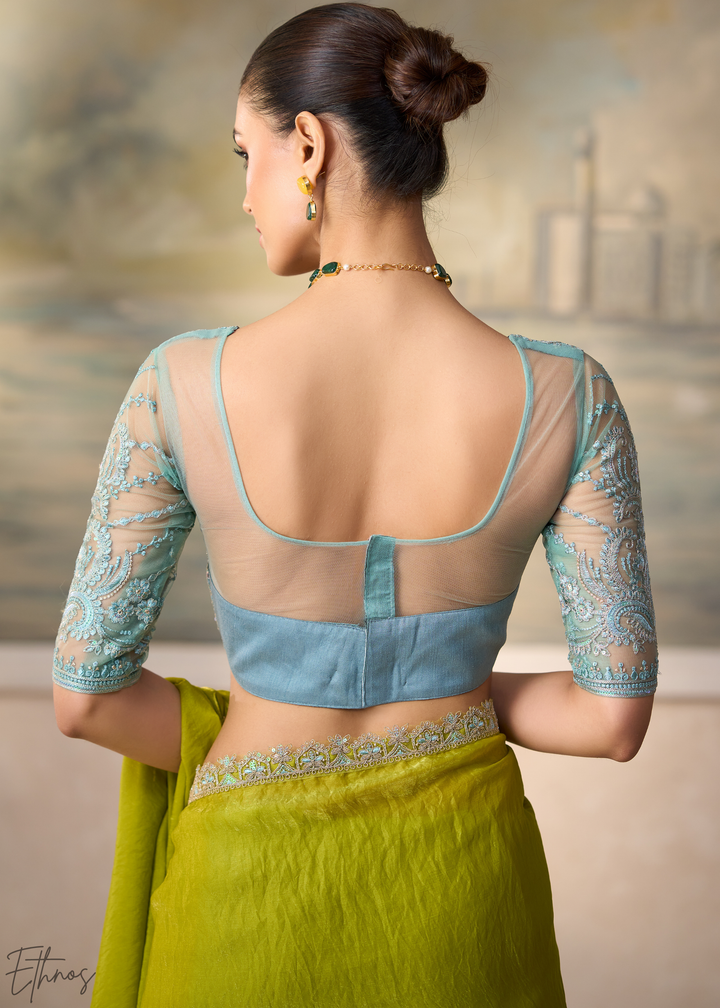 Lime Green Ruffle Border Satin Silk Saree