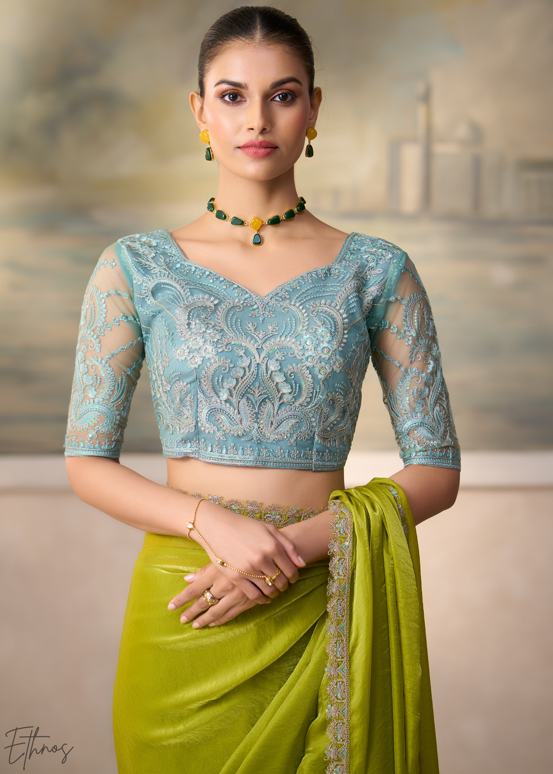 Lime Green Ruffle Border Satin Silk Saree