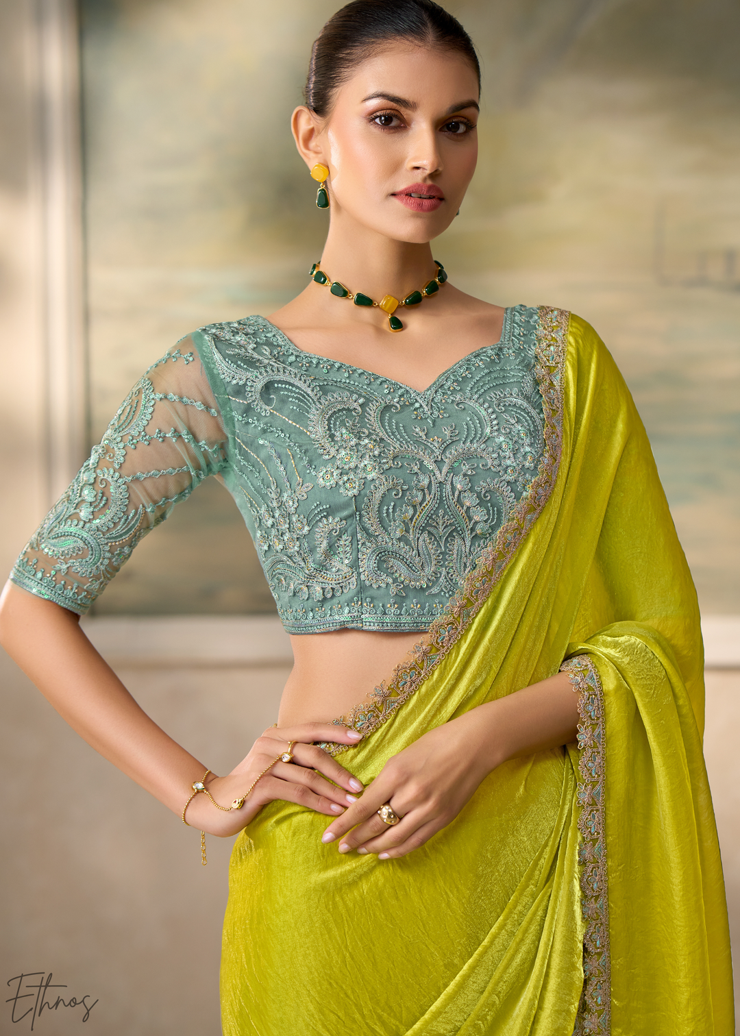 Lime Green Ruffle Border Satin Silk Saree