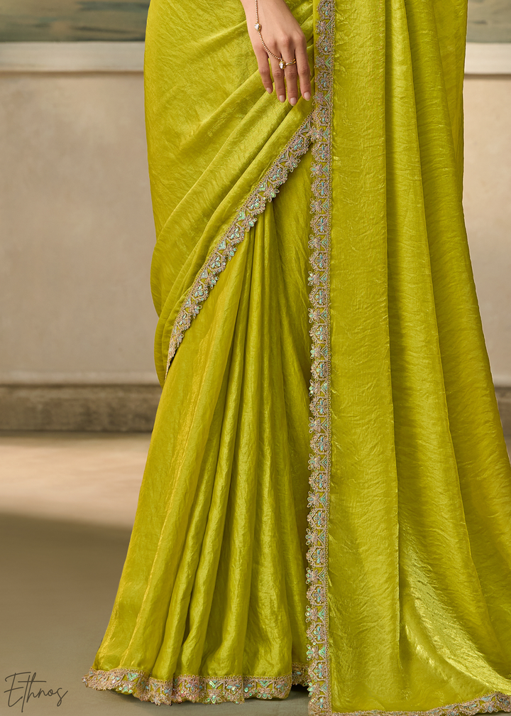 Lime Green Ruffle Border Satin Silk Saree