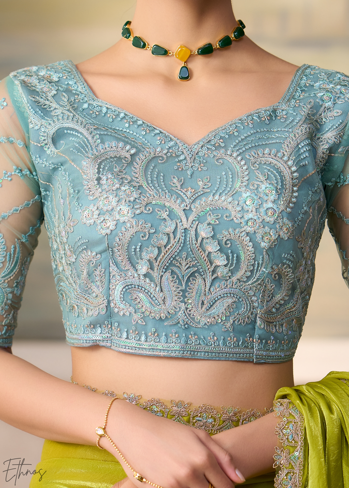 Lime Green Ruffle Border Satin Silk Saree