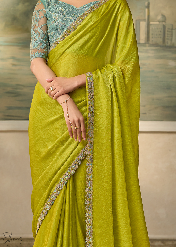 Lime Green Ruffle Border Satin Silk Saree