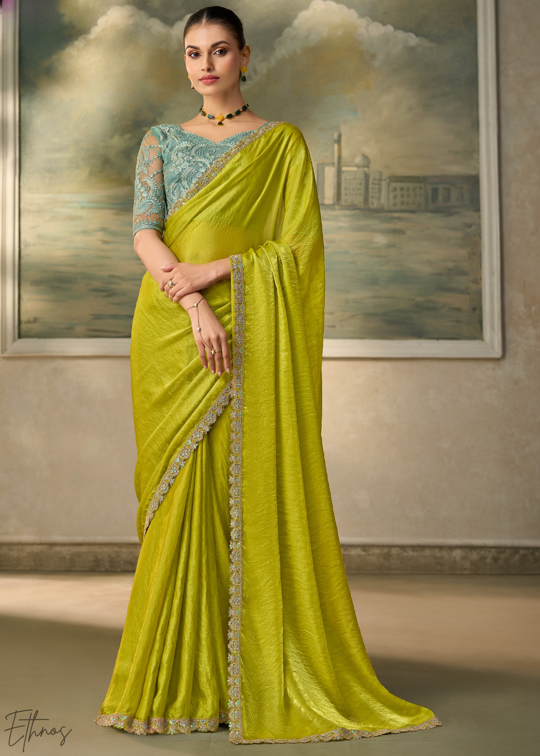 Lime Green Ruffle Border Satin Silk Saree