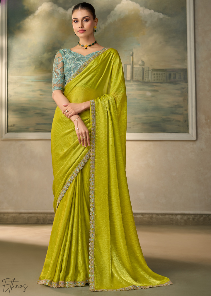 Lime Green Ruffle Border Satin Silk Saree