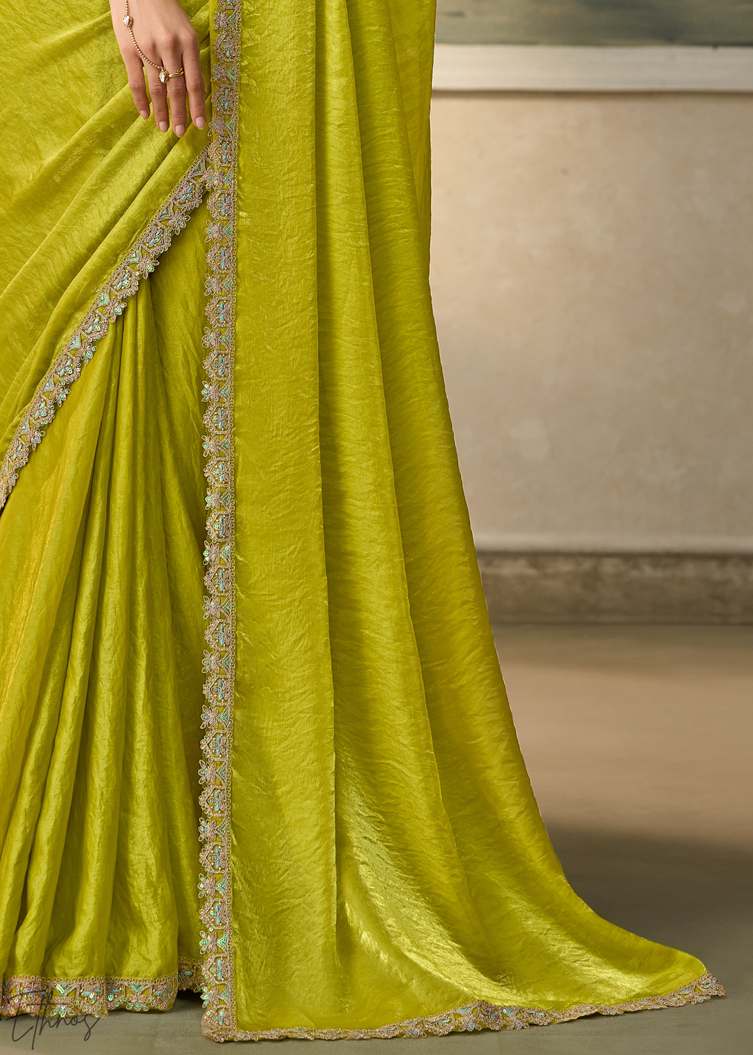 Lime Green Ruffle Border Satin Silk Saree