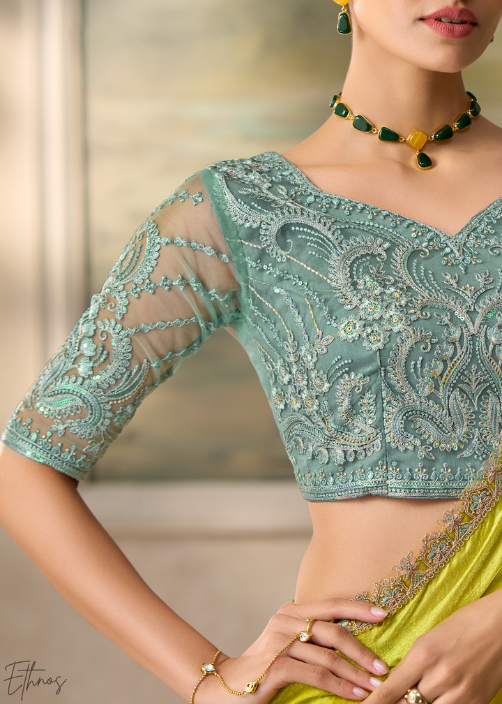 Lime Green Ruffle Border Satin Silk Saree