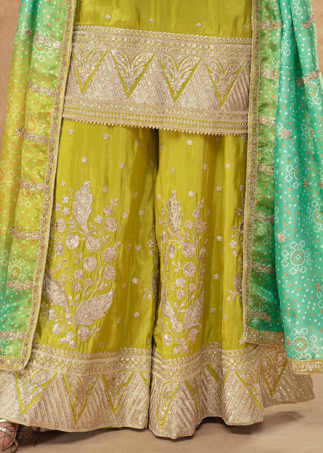 Lime Green Zari Simar Silk Palazzo Suit
