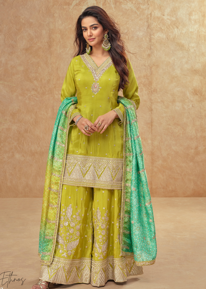 Lime Green Zari Simar Silk Palazzo Suit