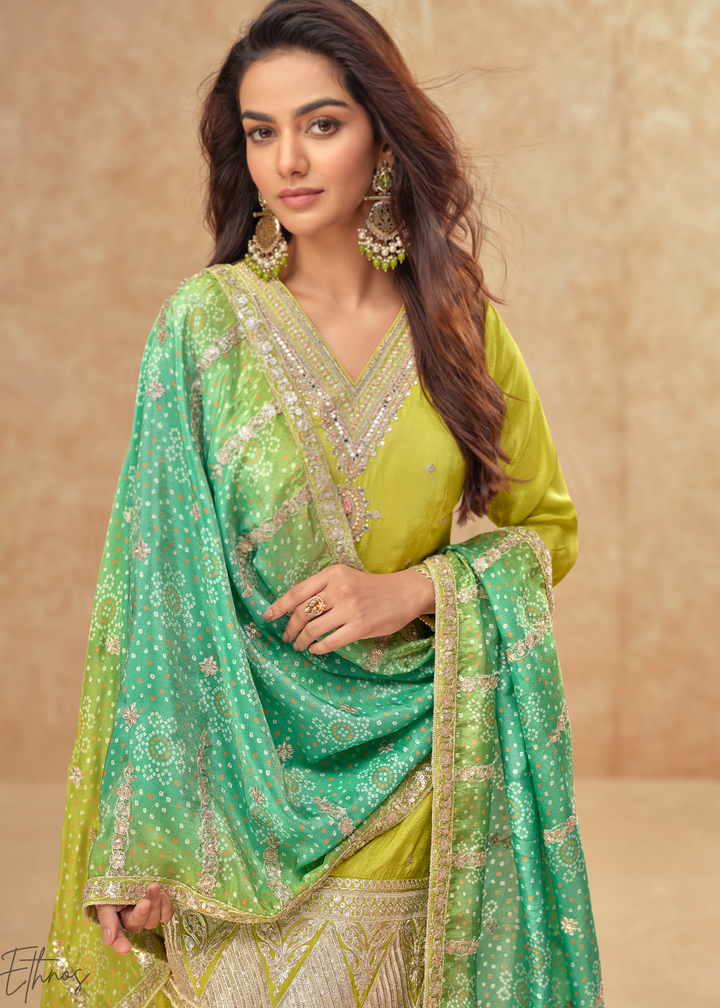 Lime Green Zari Simar Silk Palazzo Suit