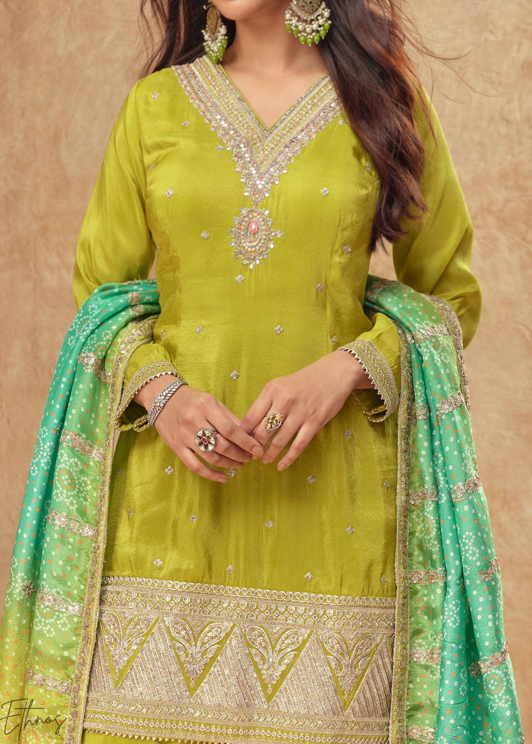 Lime Green Zari Simar Silk Palazzo Suit