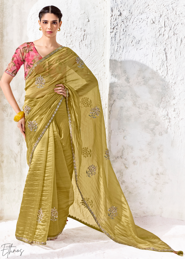 Lime Green Woven Vertical Line Organza Silk Saree